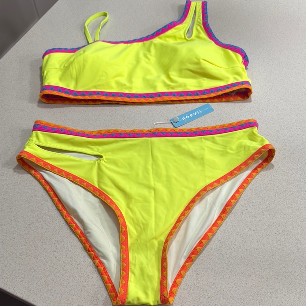 NWT Popvil Bright Yellow Bikini with Multicolor Trim with embroidery - Picture 2 of 8
